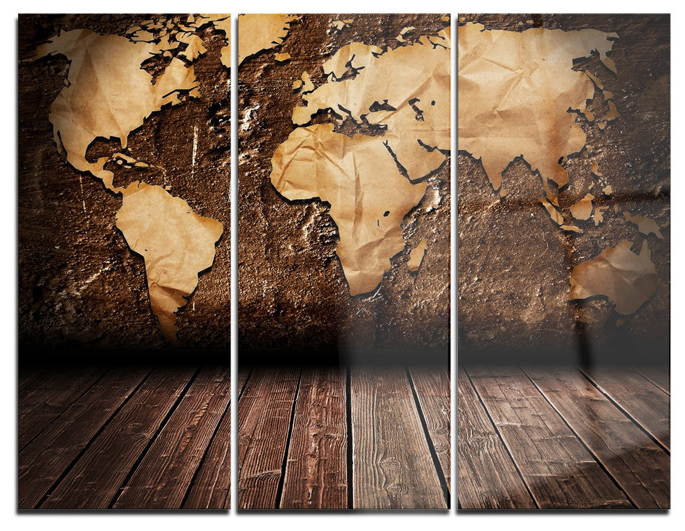"Vintage Map With Wooden Floor" Metal Wall Art, 3 Panels, 36"x28"