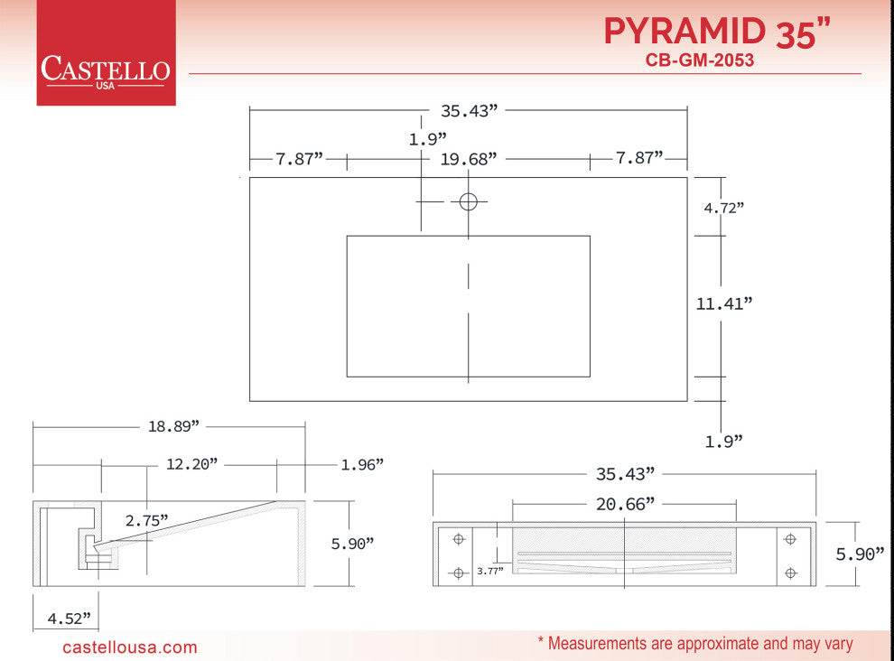 CastelloUSA Pyramid Solid Surface Wall Mounted Ramp Basin Sink, Marble, 36", Standard
