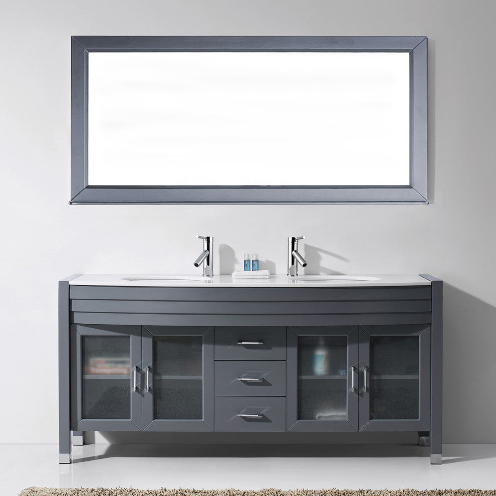 Virtu Ava 71" Double Bathroom Vanity, Gray With White Top, Faucet and Mirror