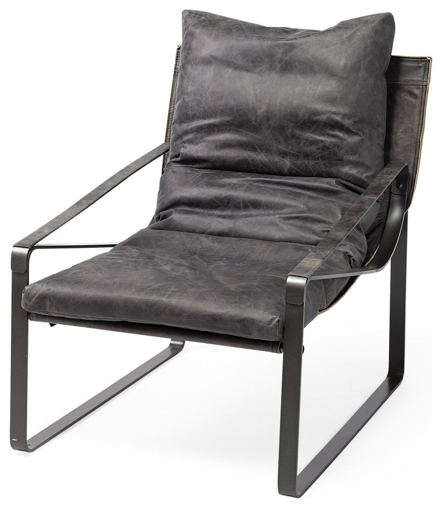 35" Black Leather Distressed Arm Chair
