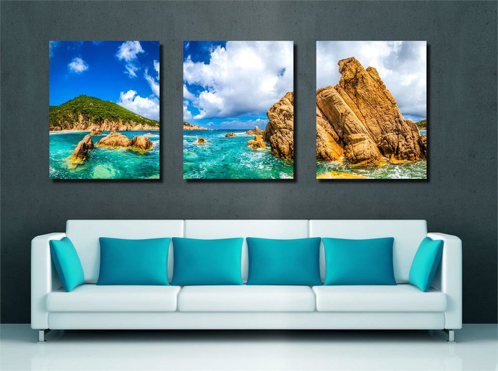 Scenic Ocean Coastline Canvas Print, 3 Panel Split, Triptych Wall Art, 48x20
