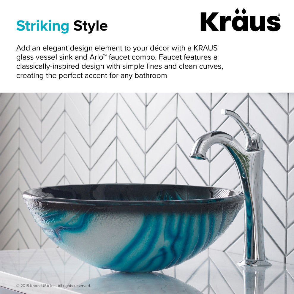 Glass Vessel Sink, Bathroom Arlo Faucet, PU Drain, Mounting Ring, Chrome