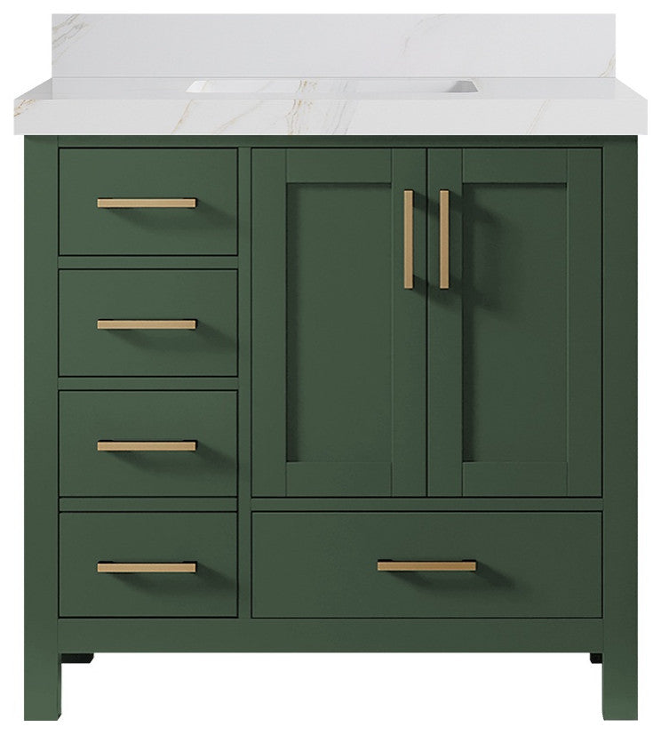 Malibu 36 Center Sink Bath Vanity in Lafayette Green 2" Calacatta Sienna