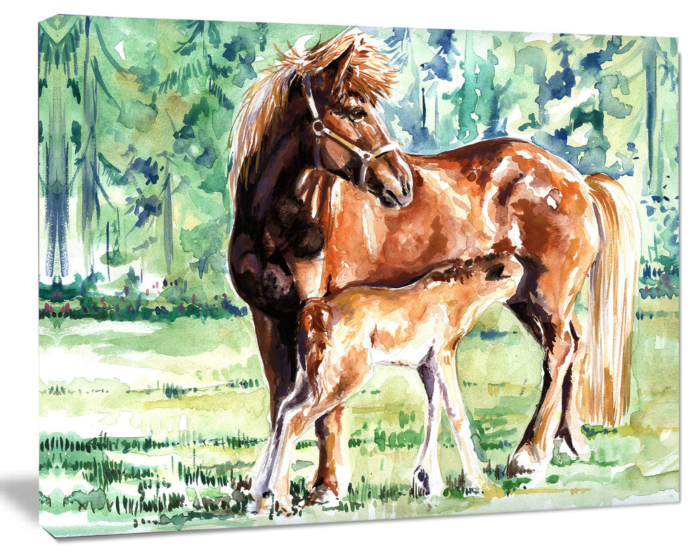 Mare and Foal Watercolor, Abstract Canvas Art Print, 40"x30"