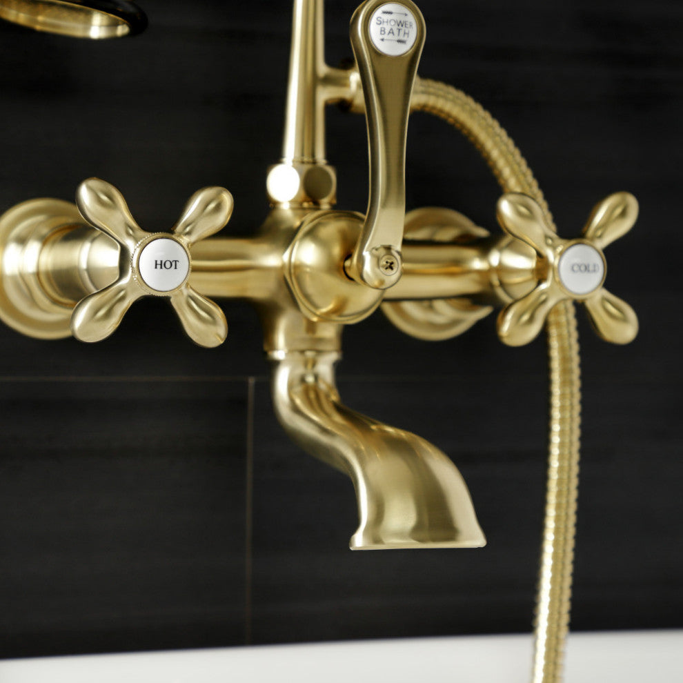 AE557T7 7" Wall Mount Tub Faucet With Hand Shower, Brushed Brass
