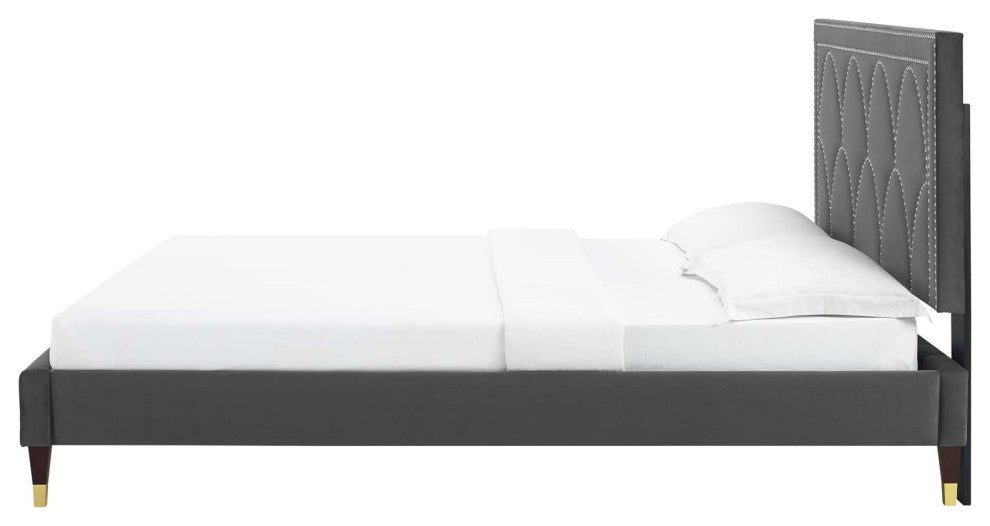 Platform Bed Frame, Nailhead, Queen Size, Charcoal Gray, Velvet, Modern