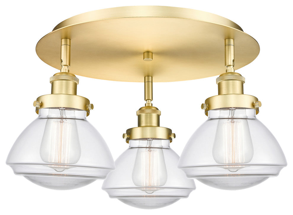 Olean-3 Light 18" Flush Mount-Satin Gold, Clear Glass Shade