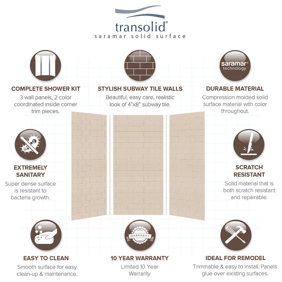 Transolid SaraMar 36" X 36" X 72" Glue to Wall 3-Piece Shower Wall Kit, Cashew