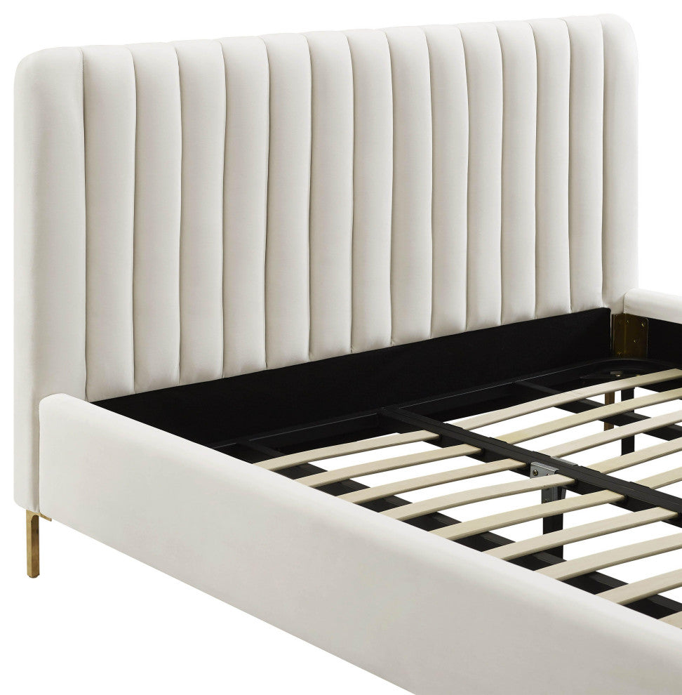 Angela Velvet Upholstered Bed, Cream, King