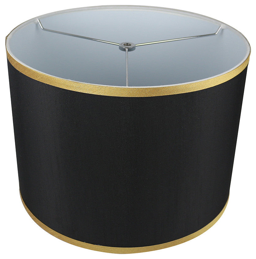 Black with Gold Trim Faux Silk Classic Drum Lampshade, 14"x14"x10"