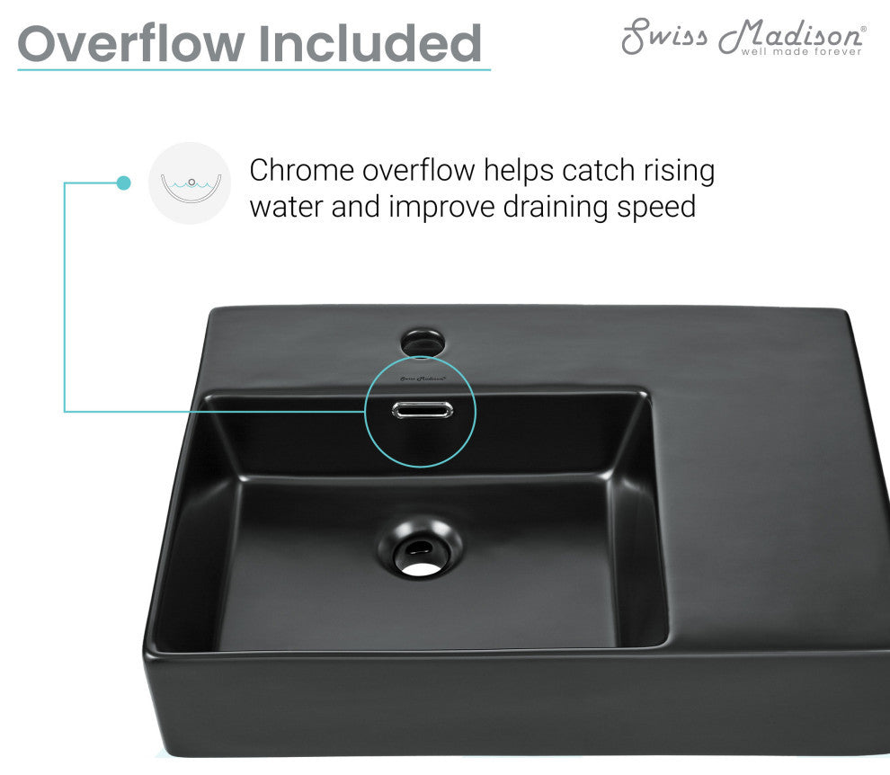 St. Tropez 24"x18" Ceramic Wall Hung Sink With Left Faucet Mount, Matte Black