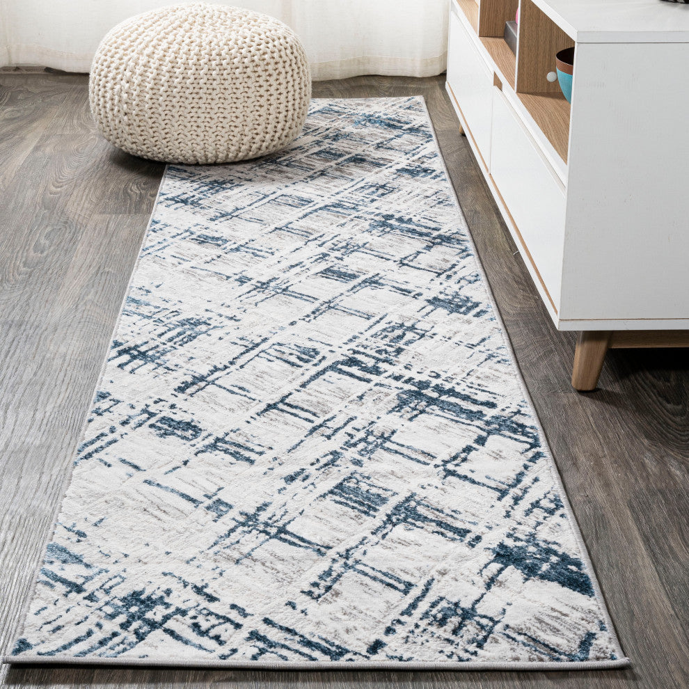 Slant Modern Abstract Area Rug, Gray/Blue, 2'x8'