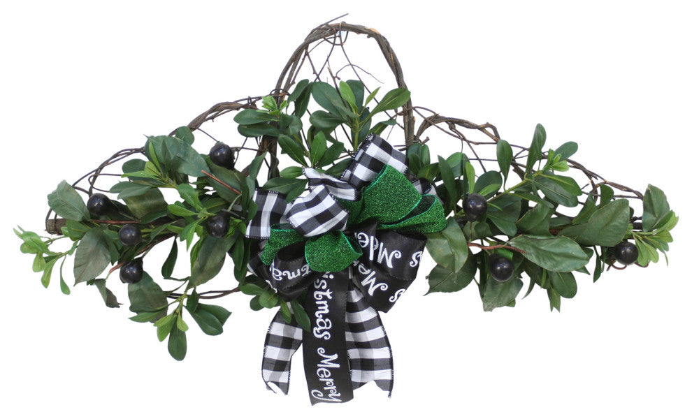 Vine Wall Hanging with Olives and Pittosporum with Black and Green Ribbon