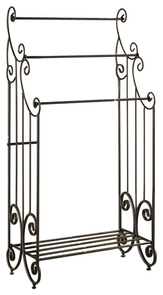 Benzara Free Standing Three Bar Towel Rack Stand With Shelf, Black