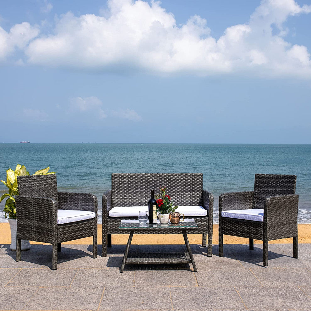 Outdoor Elegant 4-Piece Patio Set with Glass Coffee Table and Cushioned Chairs, Grey Brown/White