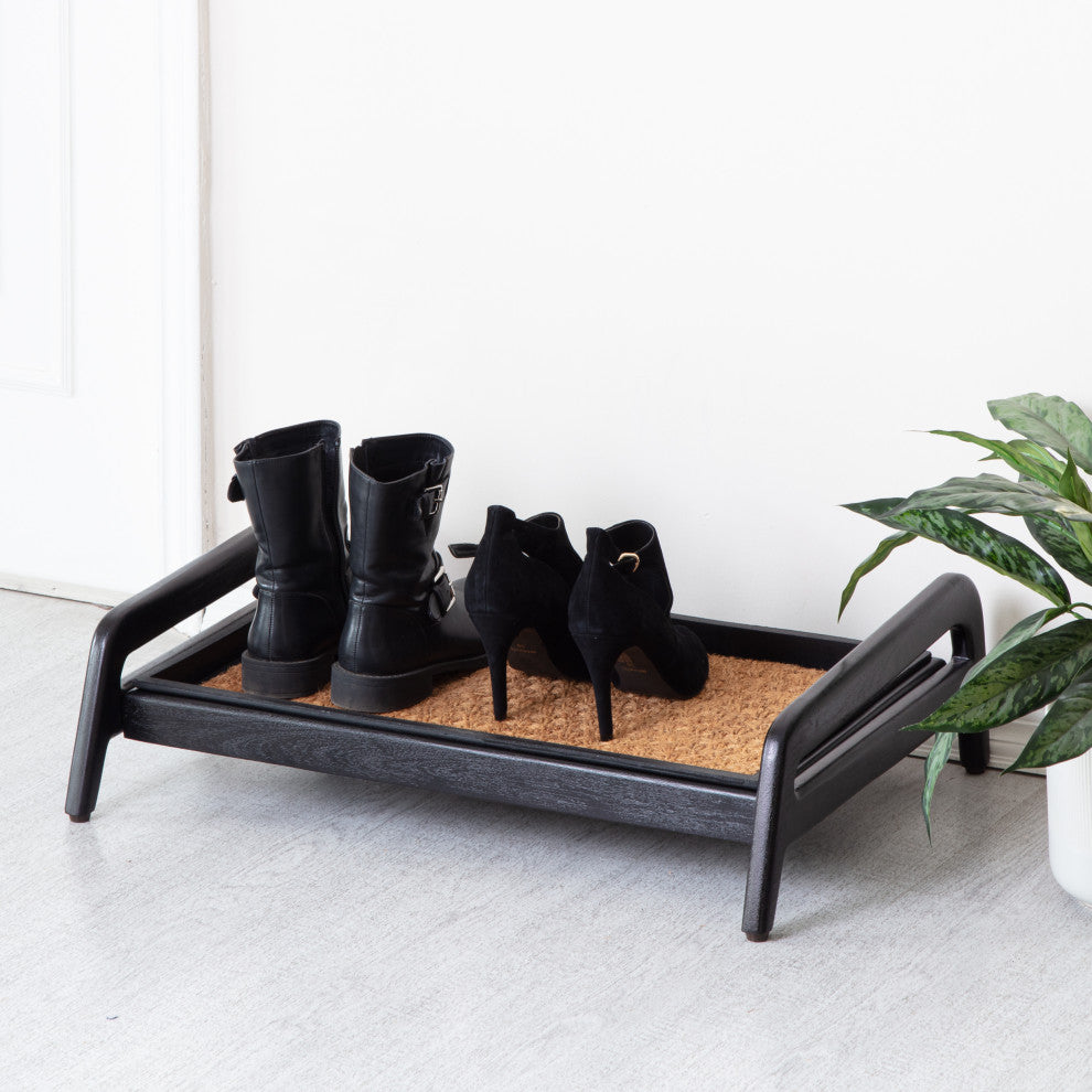 Single-Tier Black Stand With 2-Pair Rubber Boot Tray Smoked Oak