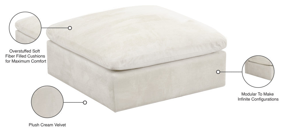 Cozy Velvet Upholstered Overstuffed Ottoman, Cream