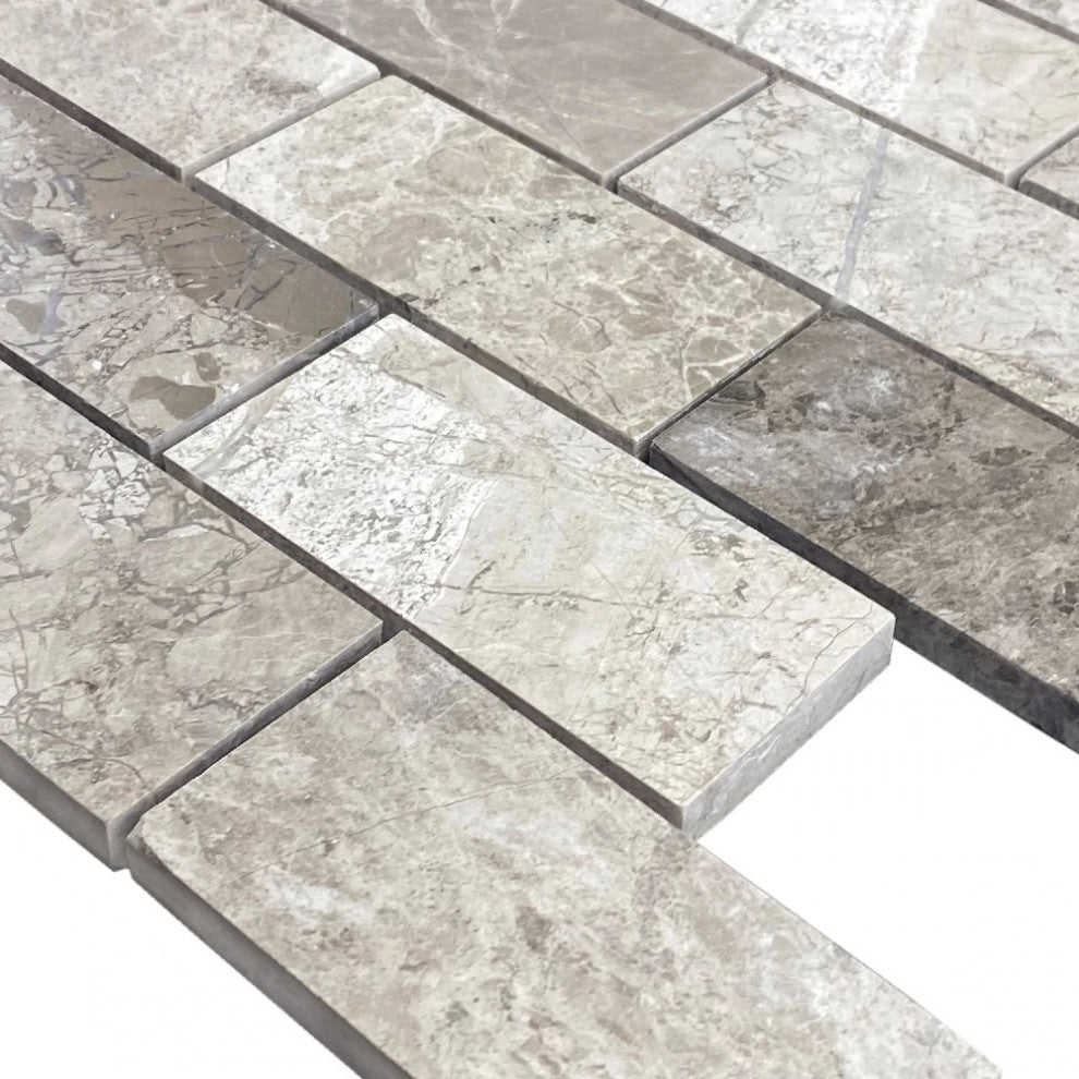 Silver Shadow Marble 2"x4" Brick on 12"x12" Mesh Mosaic Tile  (10 sqft per box)