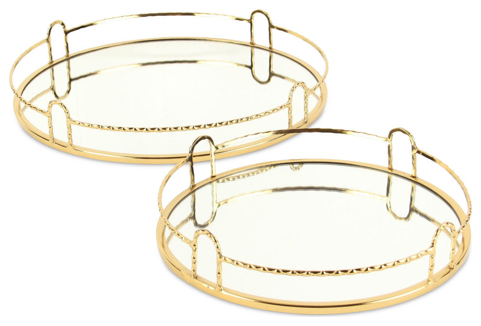 Mianzi Round Quilted Rim Gold Metal Trays (Set of 2)