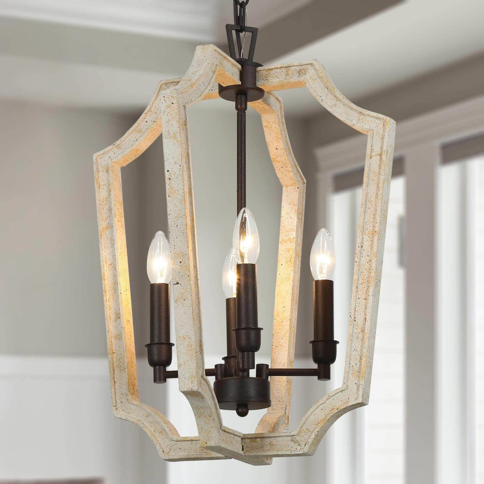 4-Lights Distressde White and Bronze Modern Cage Chandelier
