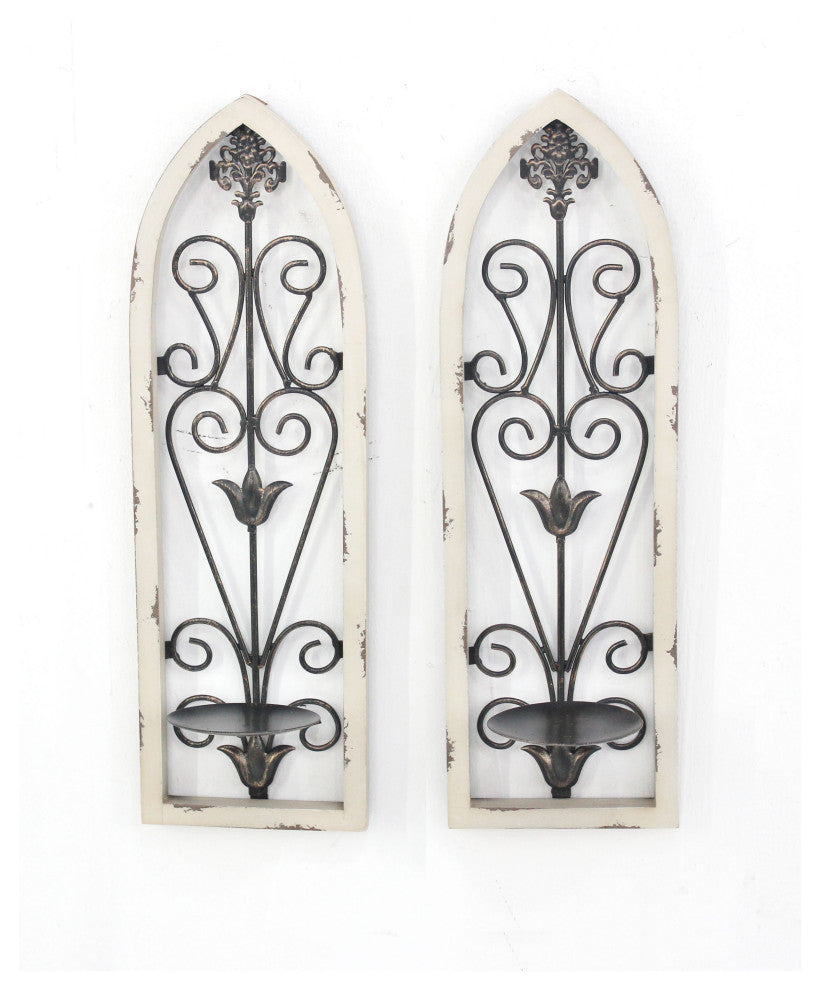 19" X 4.5" X 6" White Rustic Floral Wall Candle Holder Sconce Set