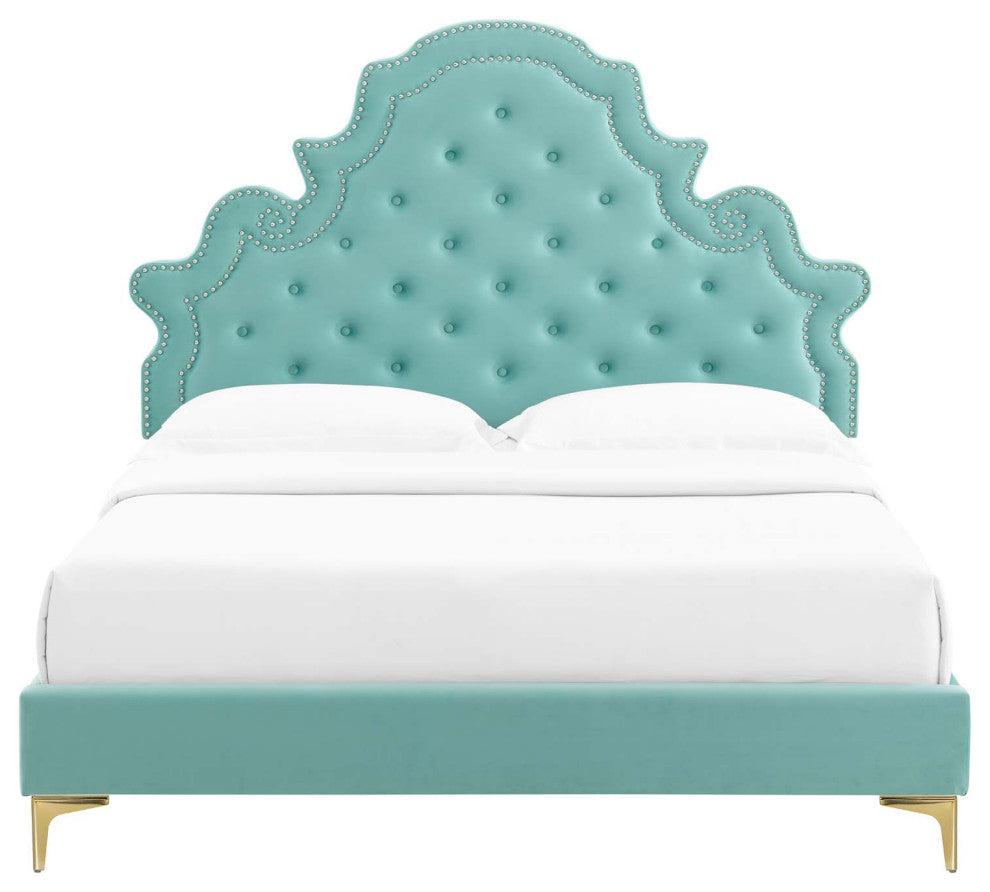 Tufted Platform Bed Frame, Twin Size, Velvet, Blue, Modern Contemporary, Bedroom
