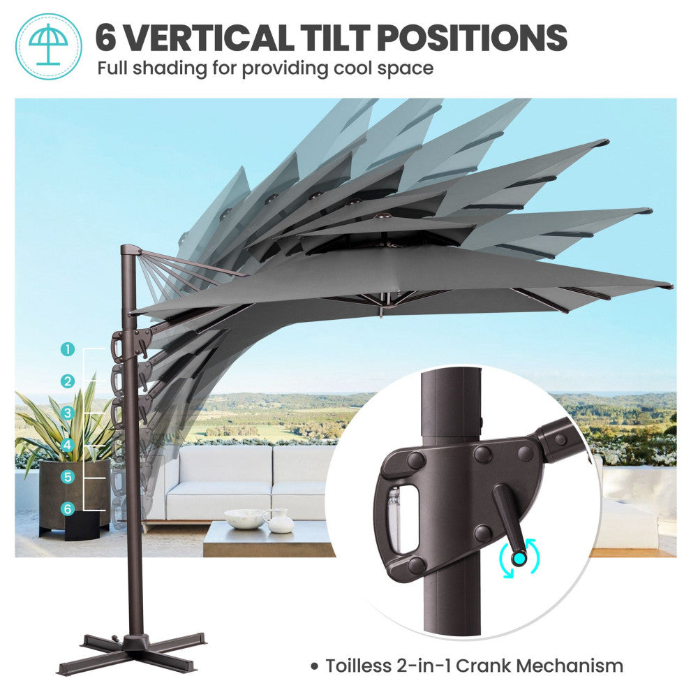 9X 11ft Patio Square Double Top Offset Umbrella Deluxe Cantilever Umbrella, Dark Gray