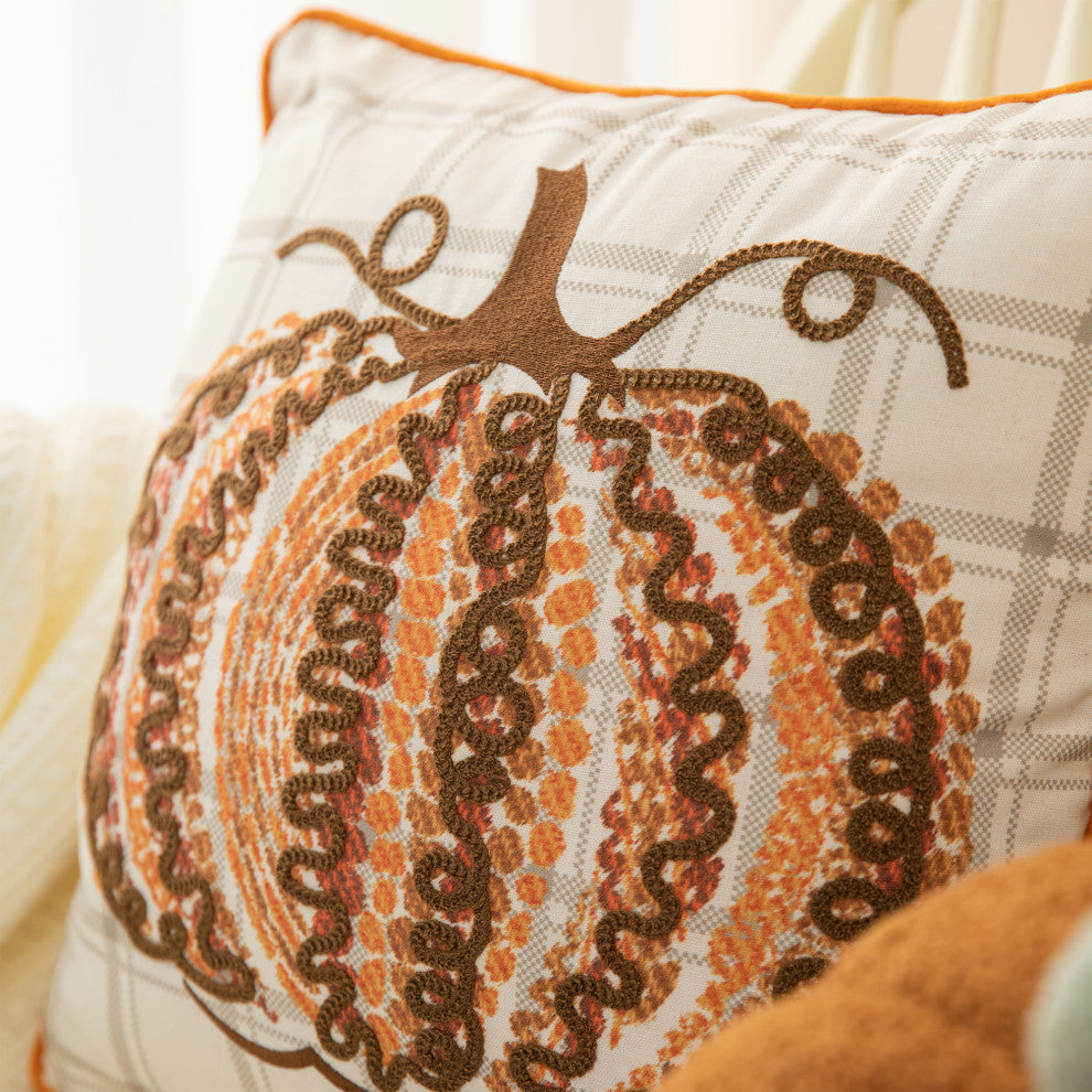 18" Fall Embroidered Pumpkin Pillow Cover