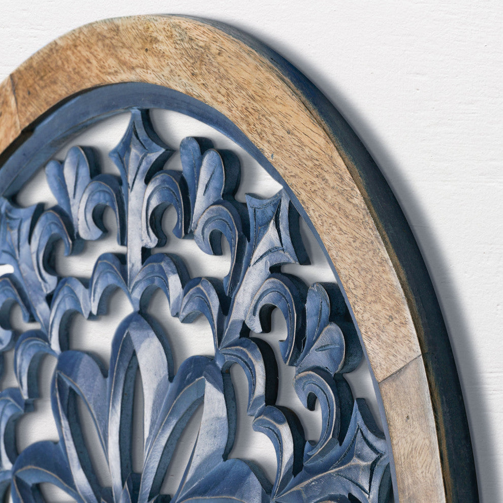 Distressed Wood Framed Round Navy Blue Floral Wall Art Medallion - 24"