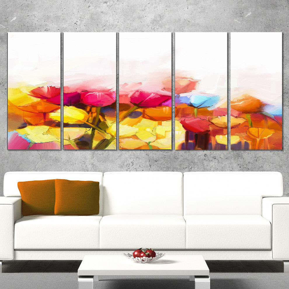 Yellow Pink Red Tulips on White, Large Floral Canvas Artwork, 60"x28", 5 Panels