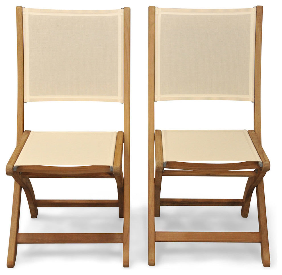 Teak Folding Providence Chair, Batyline Cream, Set of 2