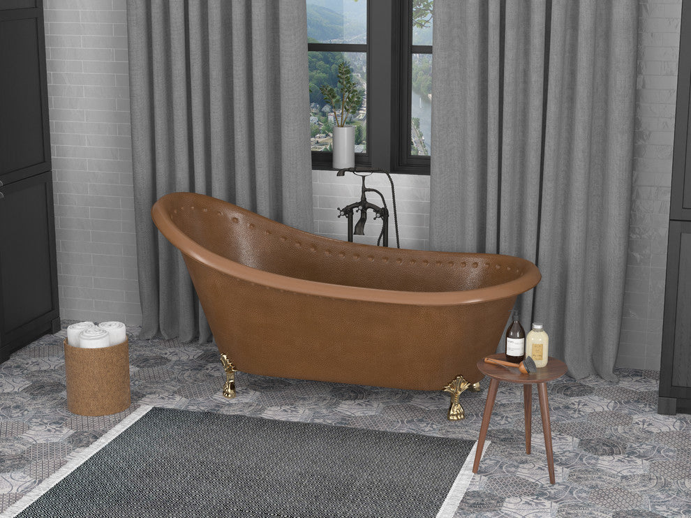 66" Handmade Slipper Clawfoot, Non-Whirlpool Bathtub, Hammered Antique Copper
