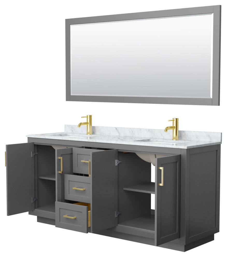 72"DBL Bathroom Vanity Dark Gray, Carrara Countertop, Sinks, Gold Trim,70"Mirror
