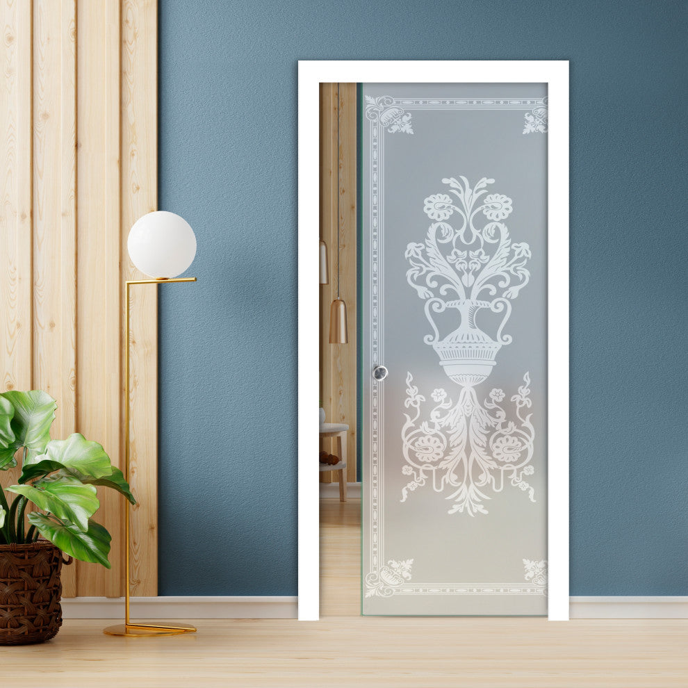 Pocket  Sliding Glass Door with Decorative Frosted Sandblasted Design, Full-Private, 32"x80", 5/16" (8mm)