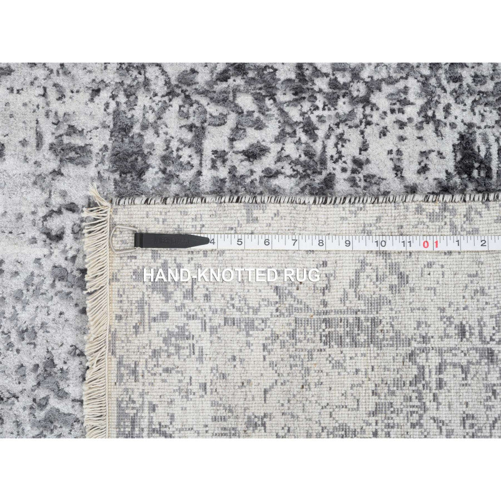 Gray Hand Knotted Erased Persian Design Wool and Silk XL Runner Rug, 2'7"x18'1"