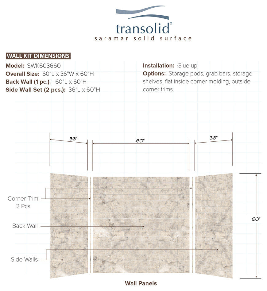 Transolid SaraMar 36"x60"x60" Glue to Wall 3-Piece Tub Wall Kit, Sand Creme