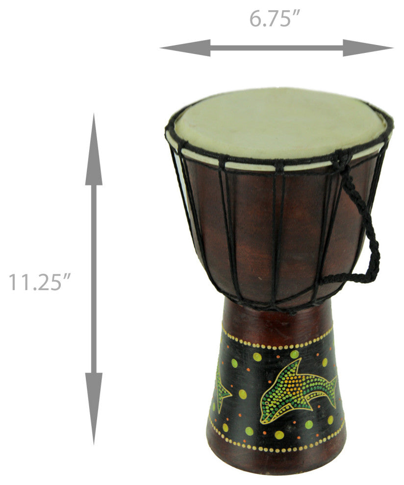 Aboriginal Dot Painted Dolphin Wooden Coastal Theme Djembe Drum 11" Tall