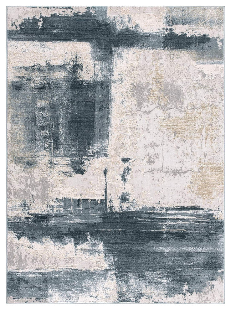 8' X 11' Cream And Blue Abstract Patches Area Rug