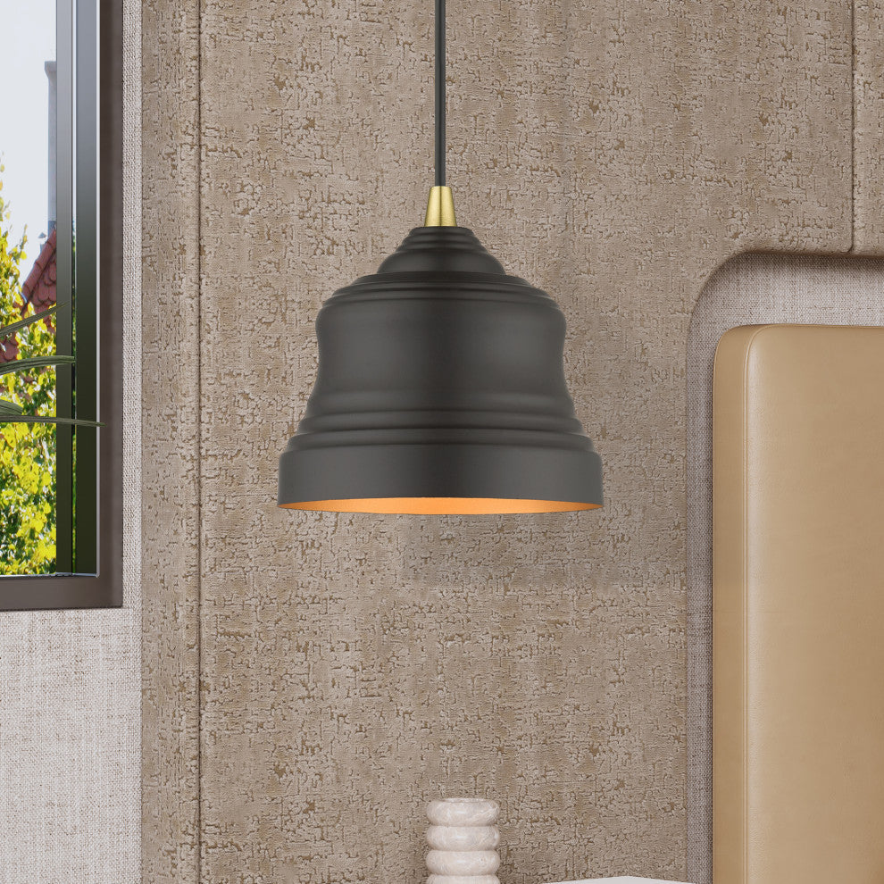 Endicott 1-Light Bronze Mini Bell Pendant, Gold Inside