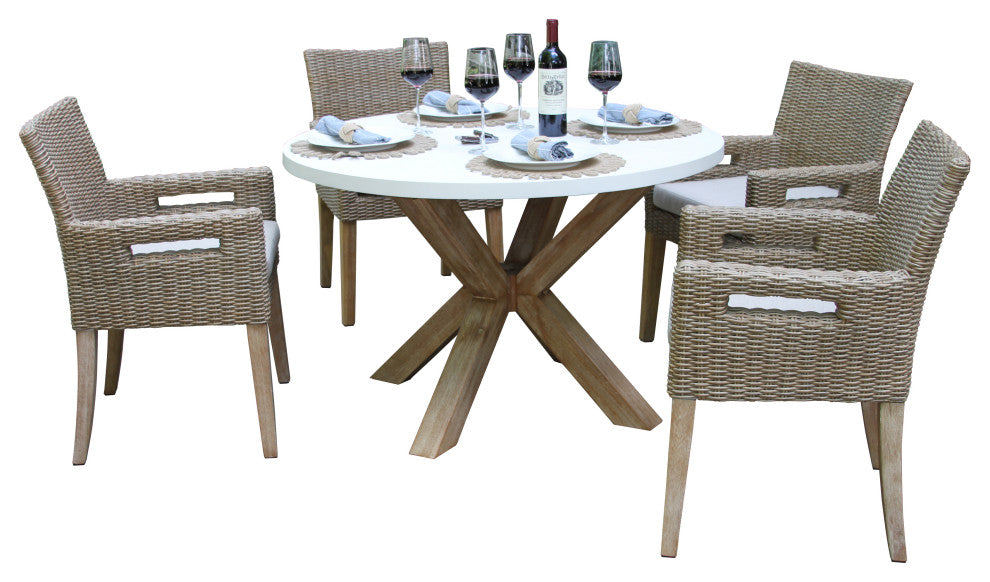 48" Ivory Composite Dining Table With 4 Wheat Wicker Chairs