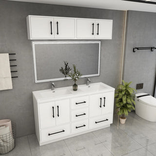 Victoria 60" Solid Wood Vanity Double Sink, Overhead Cabinet, Glossy White