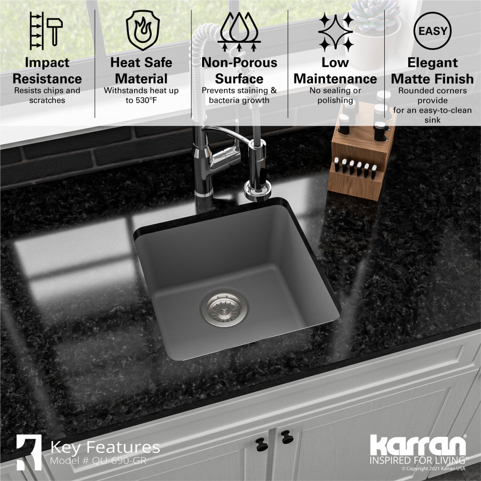 Karran Undermount Quartz Composite 17" Bar Single Bowl Sink, Grey