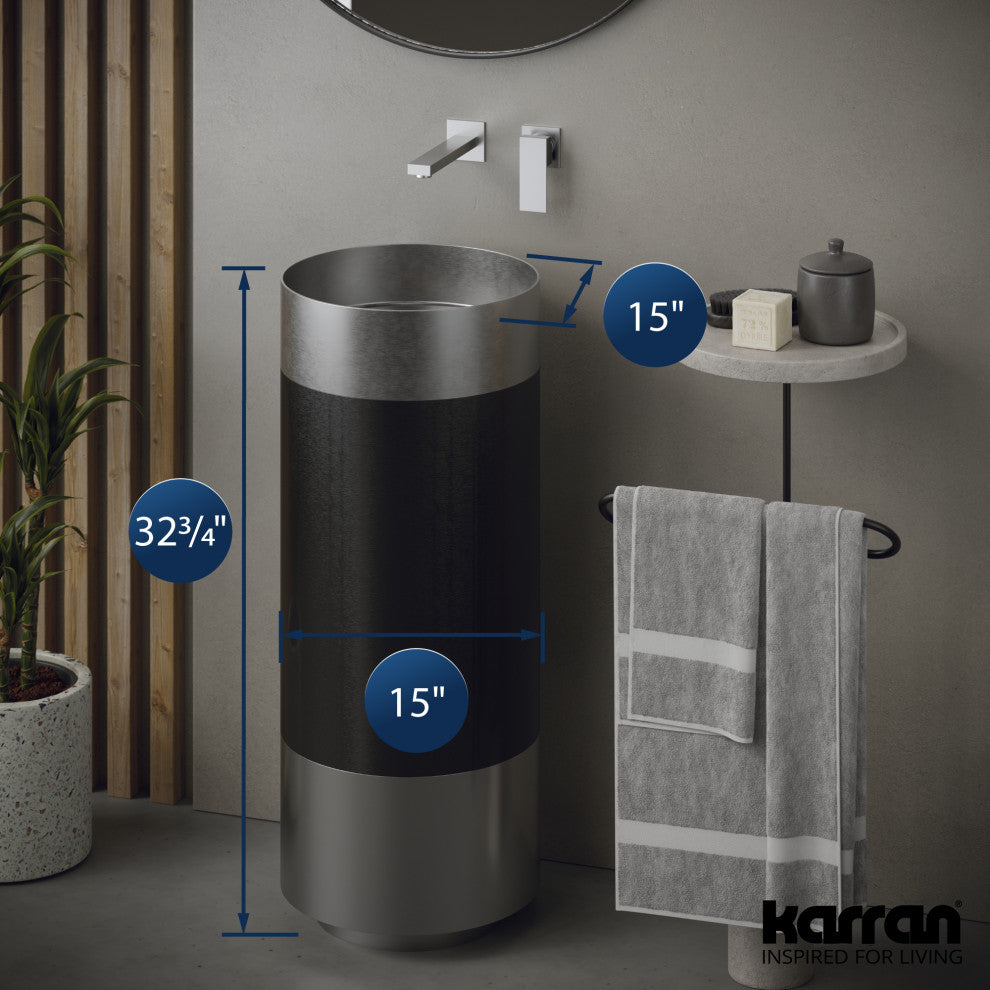 Karran Cinox Stainless Steel Round Pedestal Sink, Stainless Steel and Gunmetal Grey
