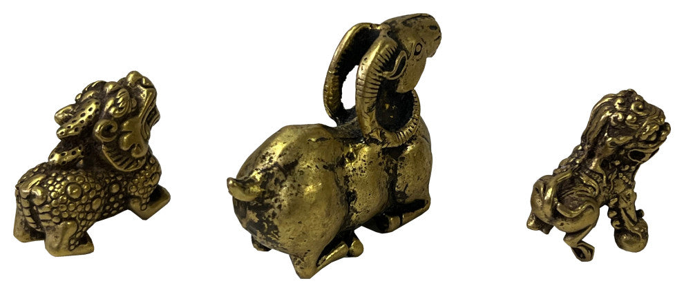 Set of 3, Chinese Copper Color Metal Ram Dragon Lion Fengshui Figures Hws2417