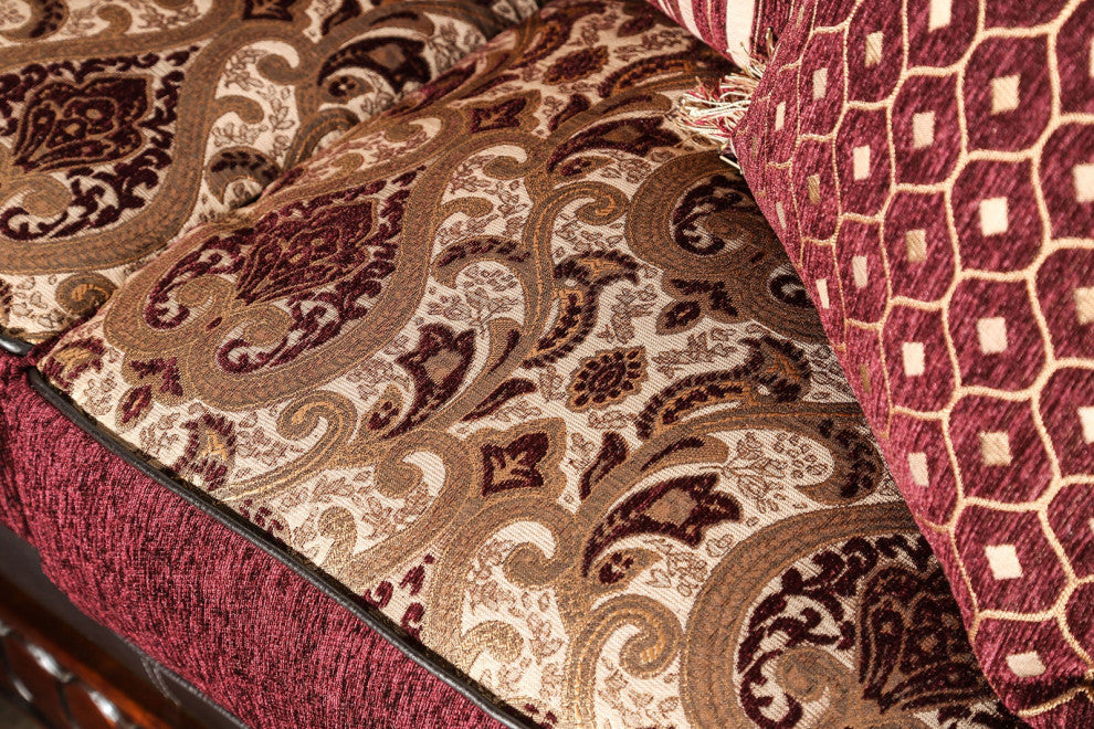 Fabric and Leatherette Chair with Rolled Arms Design, Burgundy