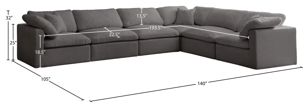 Plush Velvet / Down Standard Comfort L-Shaped Modular Sectional, Gray, 6-Piece: 3 Armless Chair, 3 Corner Chair