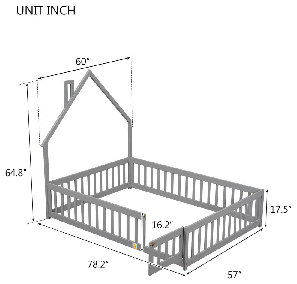 Gewnee Full House-Shaped Headboard Floor Bed with Fence