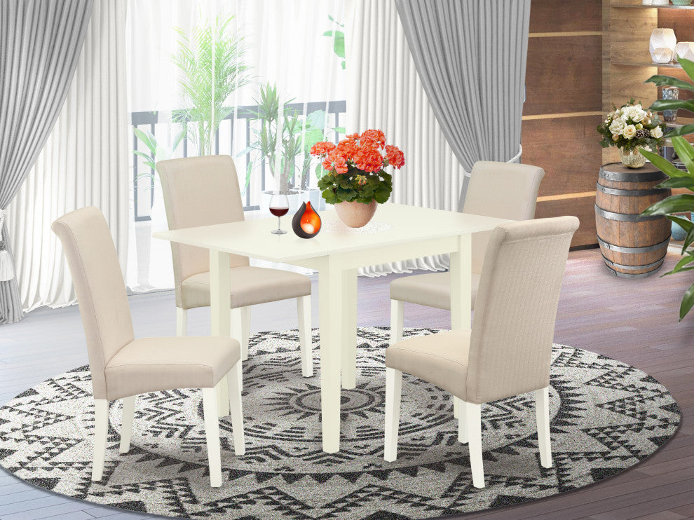 Dinette Set 5 Pc, Four Parson Chairs, Table, Linen White Solid Wood, Cream Color