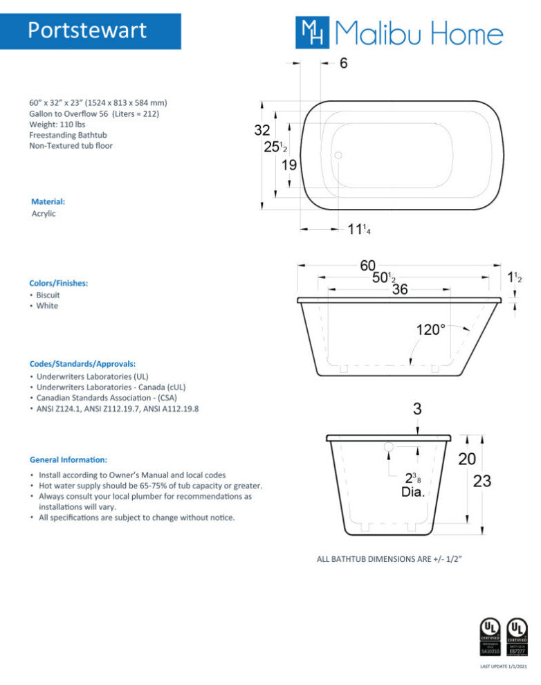 Malibu Portstewart Rectangle Soaking Bathtub 66x32x23 Biscuit