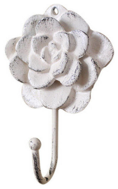 Whitewashed Cast Iron Decorative Rose Hook 7"